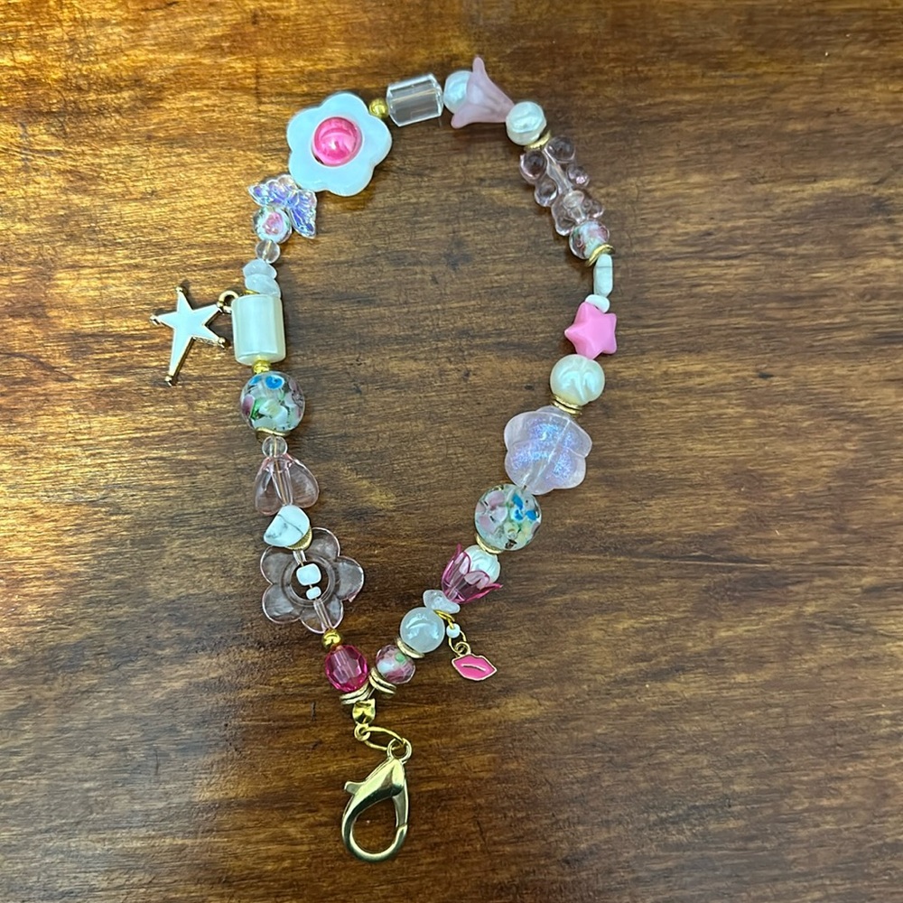 Pink handmade beaded keychain